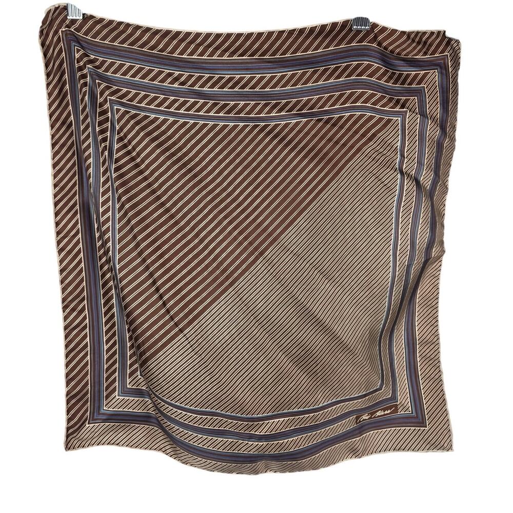 Bill Blass Silk Scarf 21x21 Vintage Italian Boho Striped Blue Brown Foulard EUC